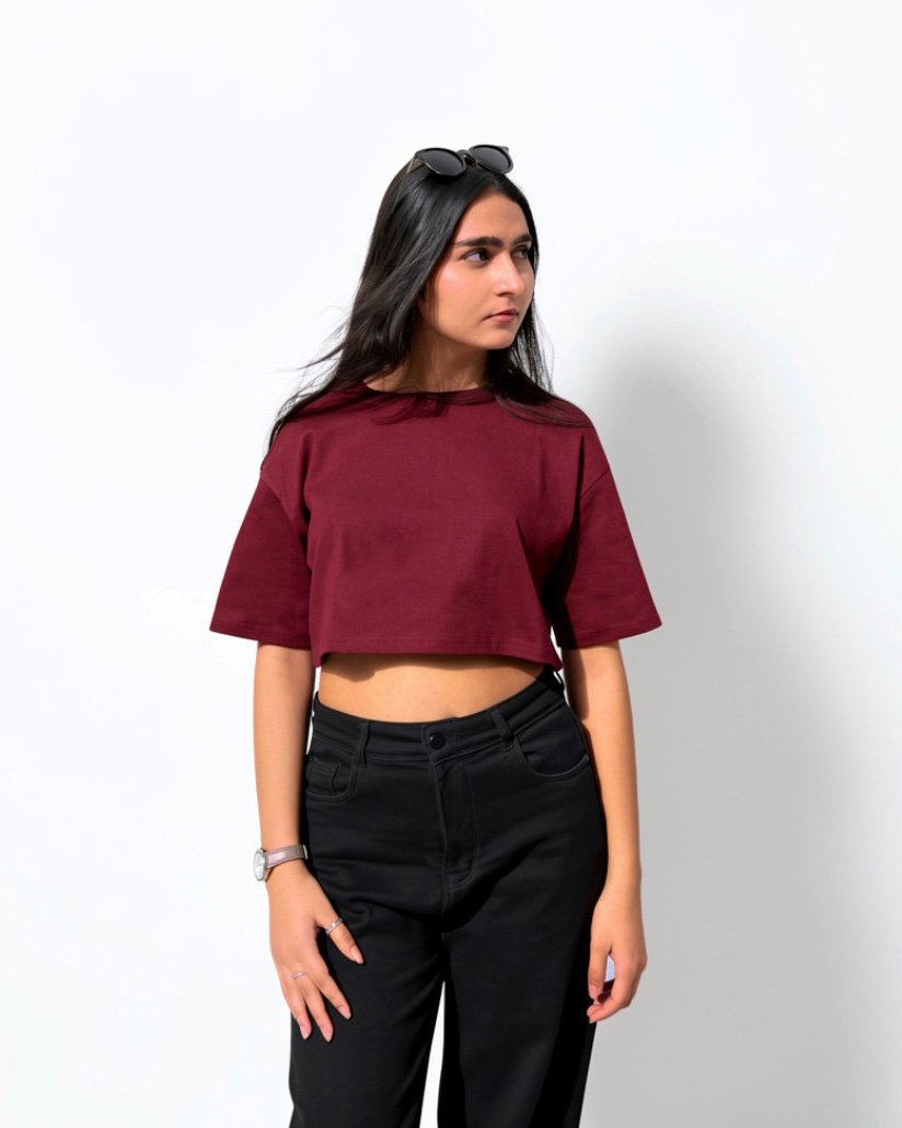 Drop-Shoulder Sleeves Crop Boxy Fit T-shirt Wine